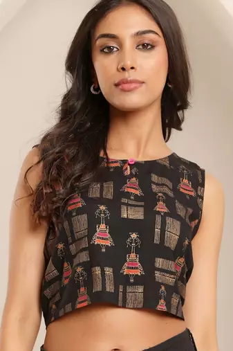 Women Tribal Printed Boat Neck Crop Top