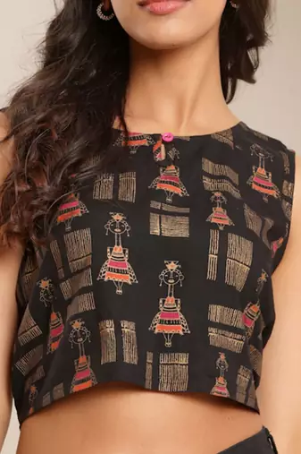 Women Tribal Printed Boat Neck Crop Top