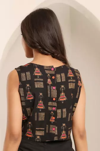 Women Tribal Printed Boat Neck Crop Top