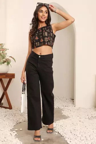 Women Tribal Printed Boat Neck Crop Top