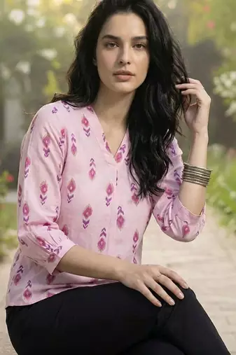 Print Puff Sleeve Ethnic Top
