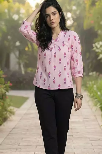 Print Puff Sleeve Ethnic Top