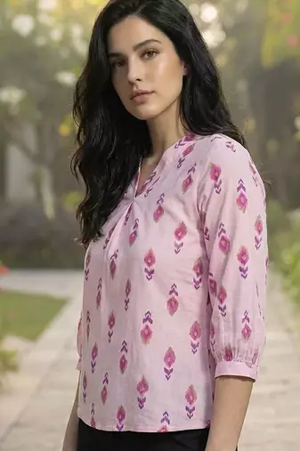 Print Puff Sleeve Ethnic Top