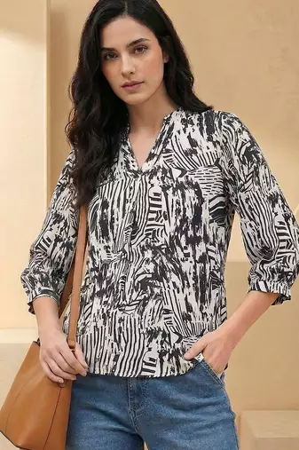 Print Puff Sleeve Satin Blend Top