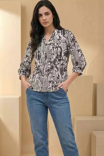 Print Puff Sleeve Satin Blend Top