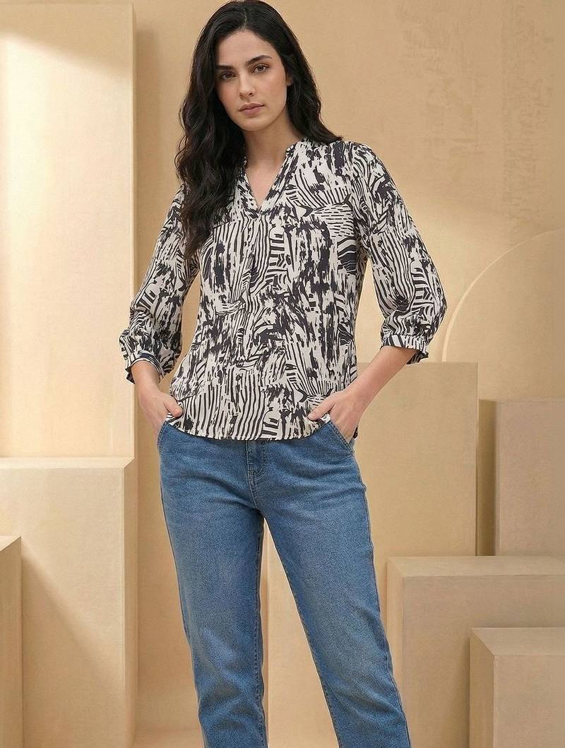 Print Puff Sleeve Satin Blend Top