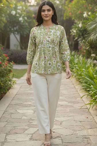 Floral Print Bishop Sleeves Satin Blend Top