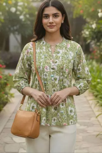 Floral Print Bishop Sleeves Satin Blend Top