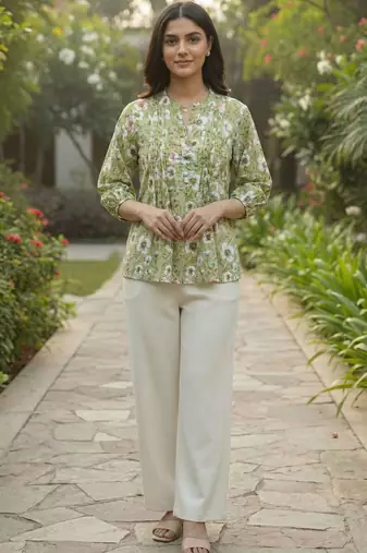 Floral Print Bishop Sleeves Satin Blend Top