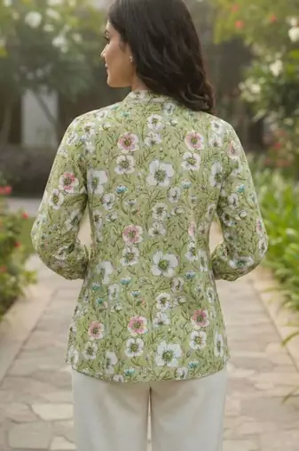 Floral Print Bishop Sleeves Satin Blend Top