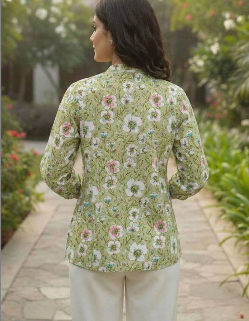Floral Print Bishop Sleeves Satin Blend Top