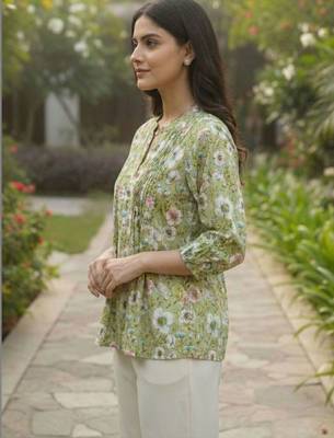 Floral Print Bishop Sleeves Satin Blend Top 7