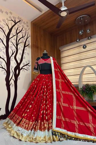 Red Foil print With Lampi lace Border Crepe Lahenga Choli Set