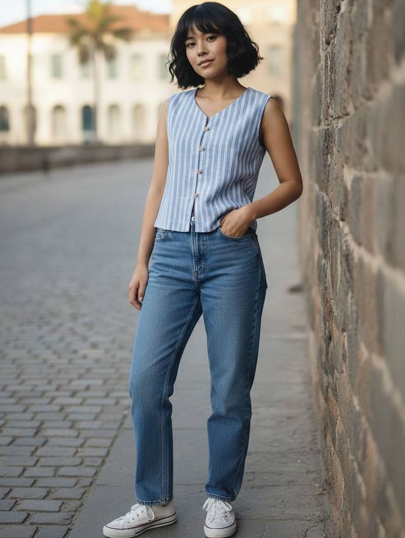 blue striped top
