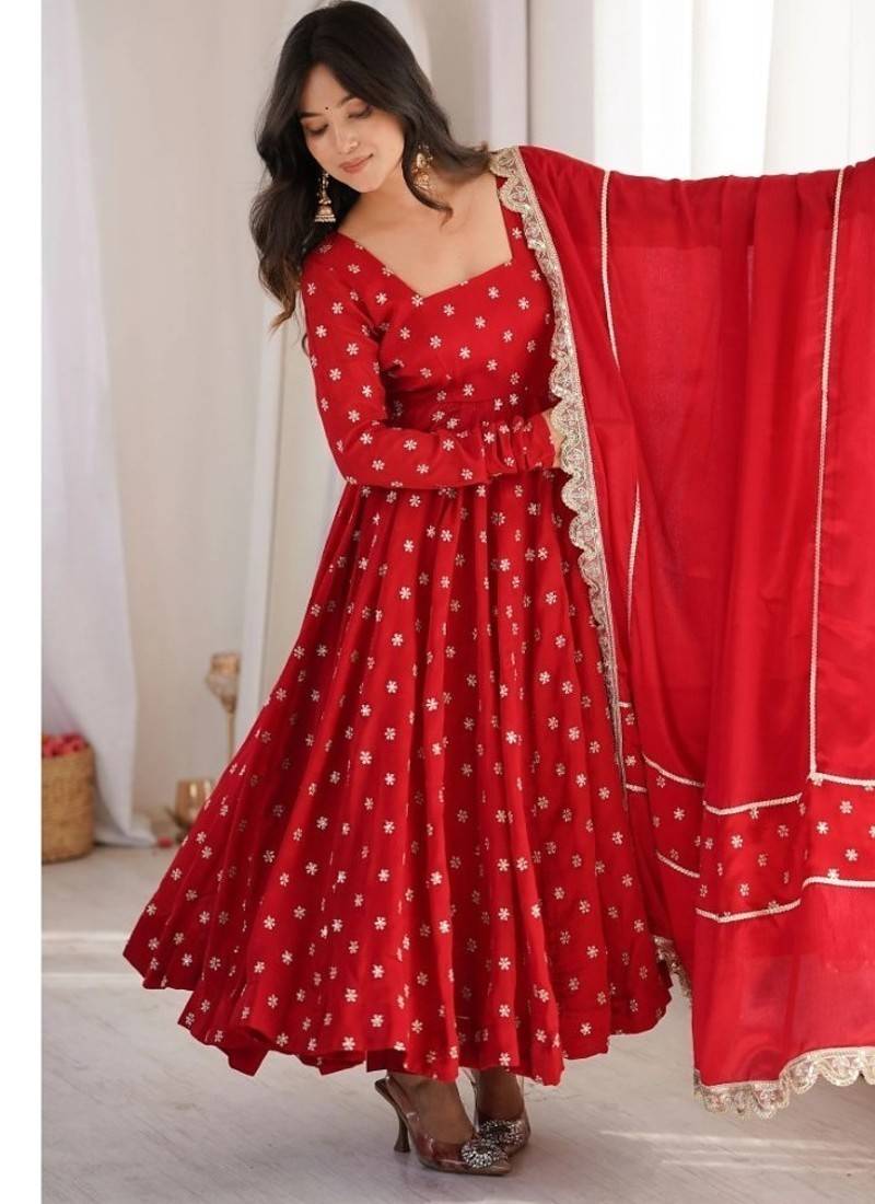 Red embroidery chinon silk full stitched anarkali suit