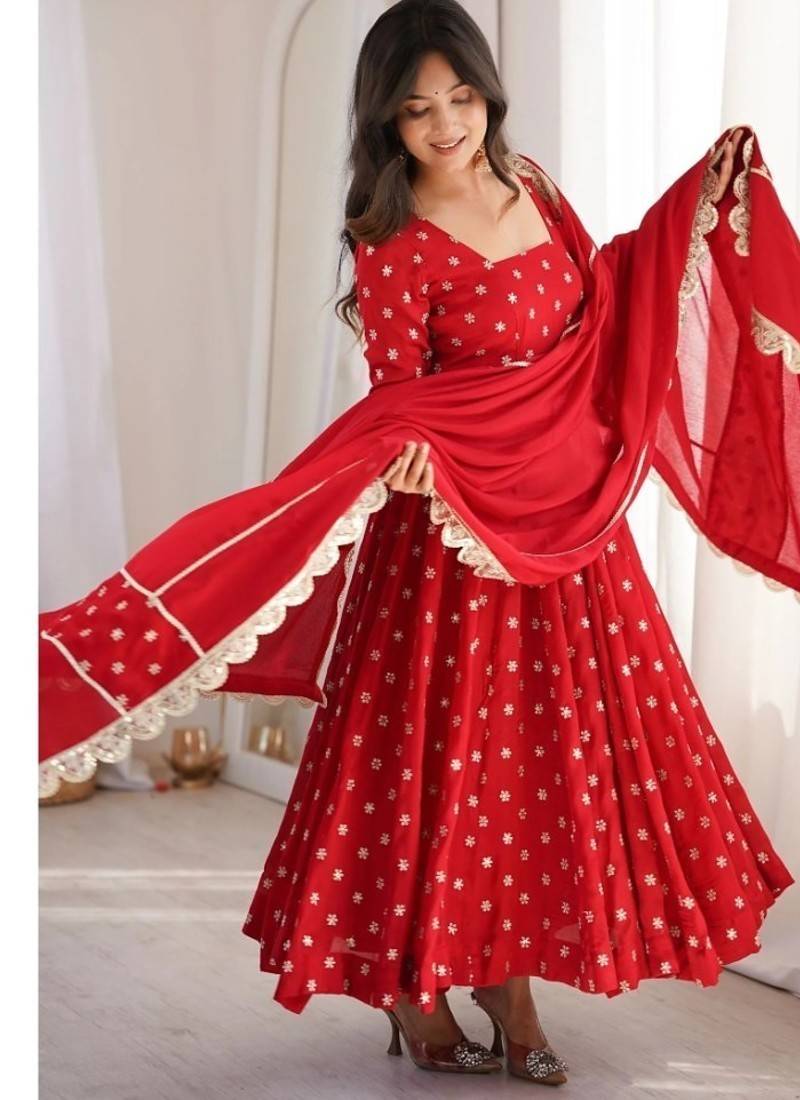 Red embroidery chinon silk full stitched anarkali suit