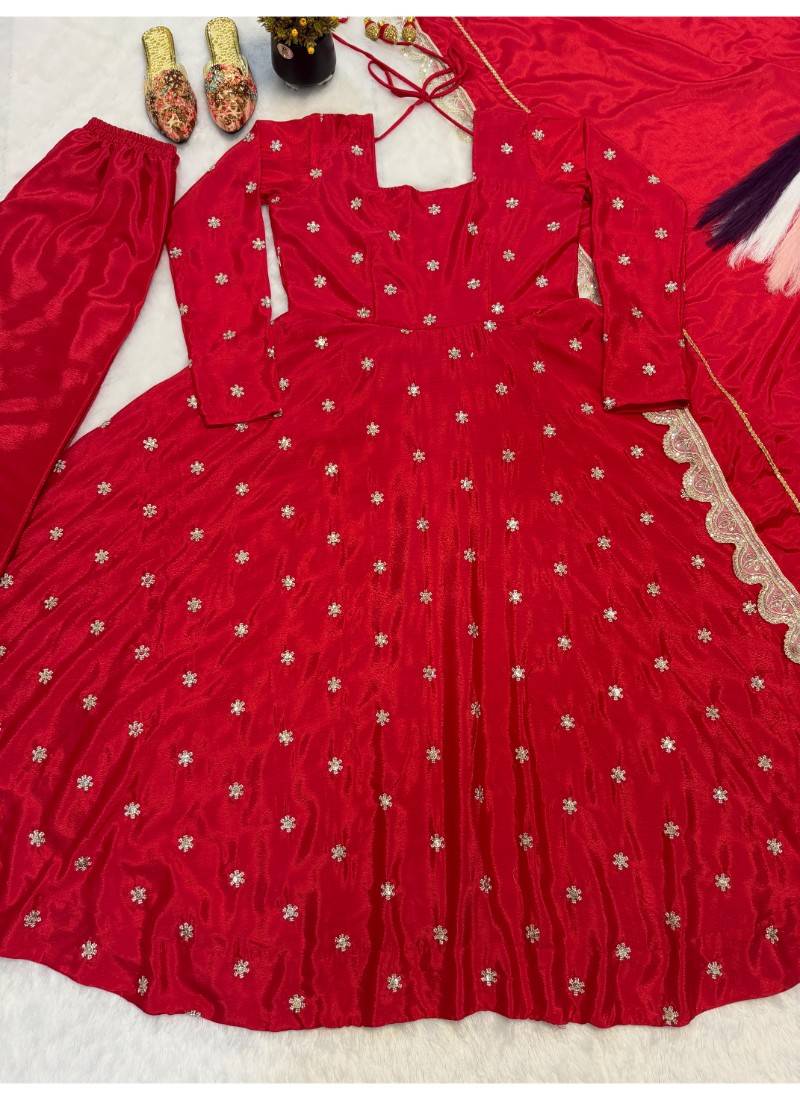 Red embroidery chinon silk full stitched anarkali suit