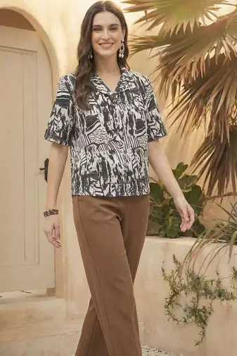 Print Monochrome Satin Shirt Style Top