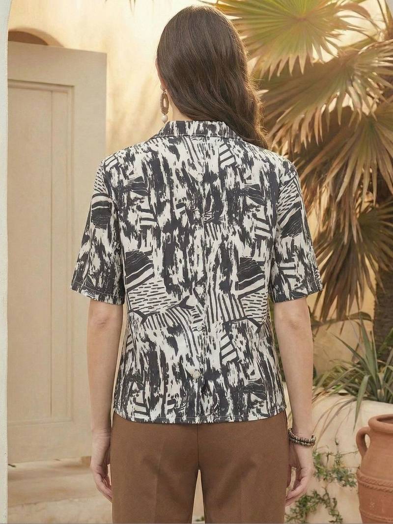 Print Monochrome Satin Shirt Style Top