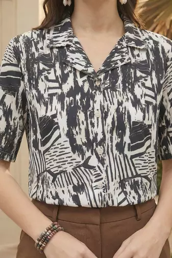 Print Monochrome Satin Shirt Style Top