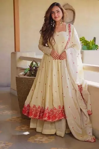 Cream embroidery cosmos silk full stitched anarkali suit