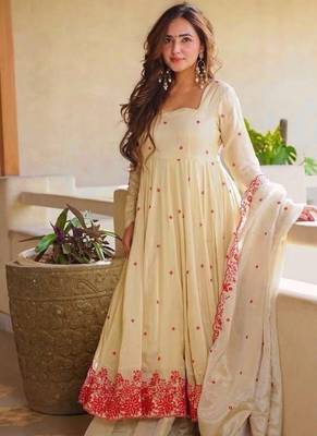 Cream embroidery cosmos silk full stitched anarkali suit 2