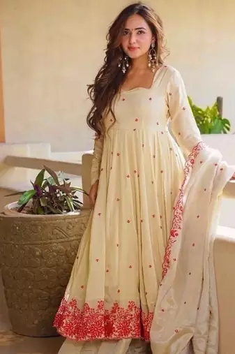Cream embroidery cosmos silk full stitched anarkali suit