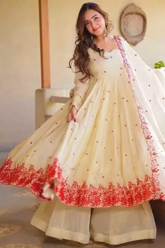 Cream embroidery cosmos silk full stitched anarkali suit