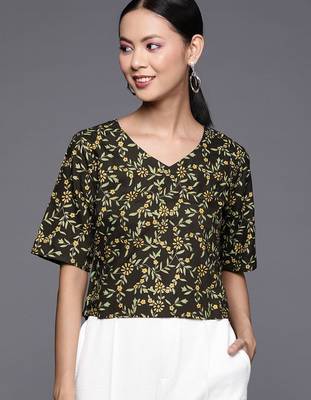 Women Black & Green Floral Print Crop Top 3