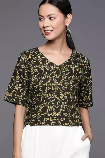 Women Black & Green Floral Print Crop Top