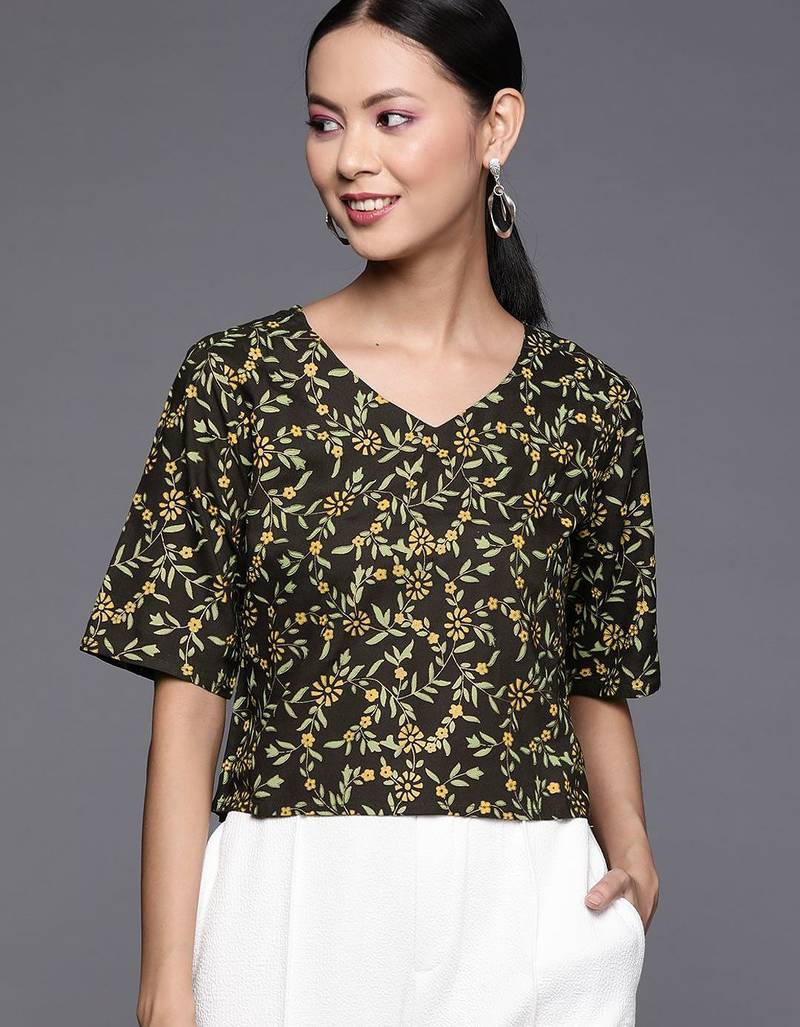 Women Black & Green Floral Print Crop Top