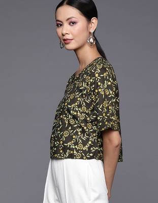 Women Black & Green Floral Print Crop Top 4