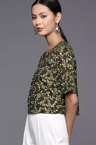 Women Black & Green Floral Print Crop Top