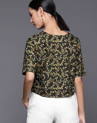 Women Black & Green Floral Print Crop Top 5