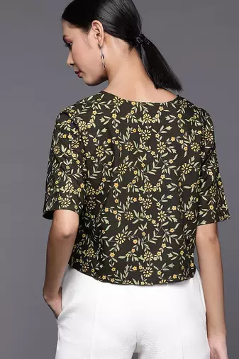 Women Black & Green Floral Print Crop Top