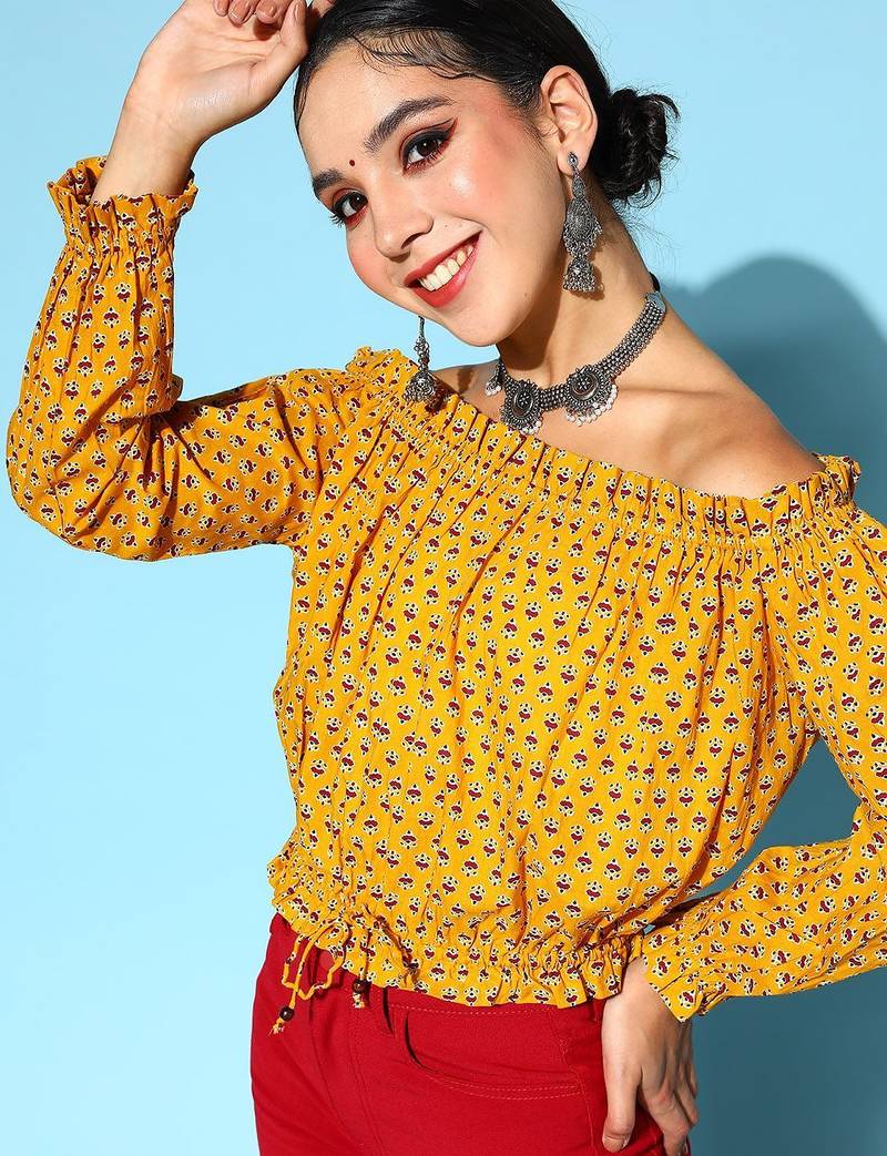 Stylish Mustard Ethnic Motifs Vacay Attire