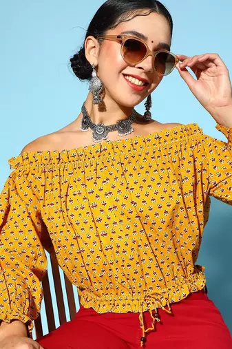 Stylish Mustard Ethnic Motifs Vacay Attire