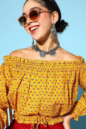 Stylish Mustard Ethnic Motifs Vacay Attire
