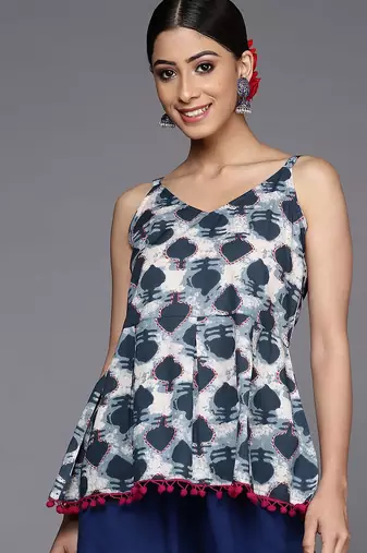 Navy Blue & White Printed A-Line Top