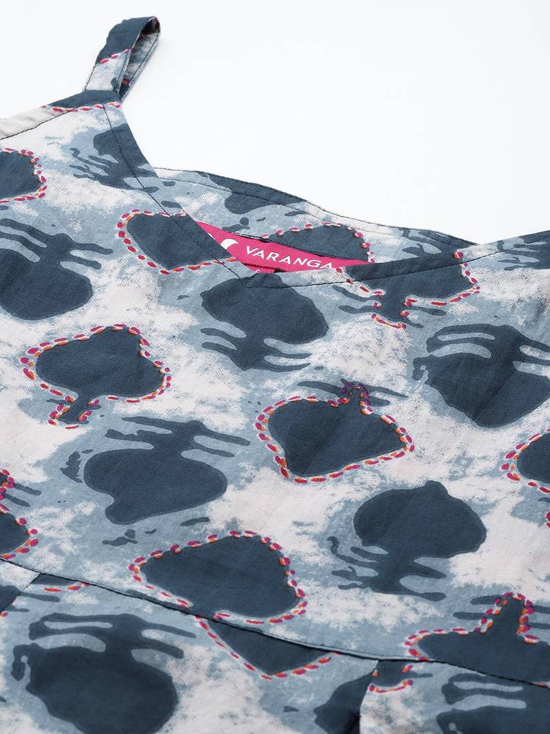 Navy Blue & White Printed A-Line Top