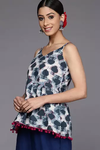 Navy Blue & White Printed A-Line Top