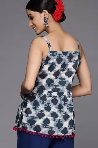 Navy Blue & White Printed A-Line Top