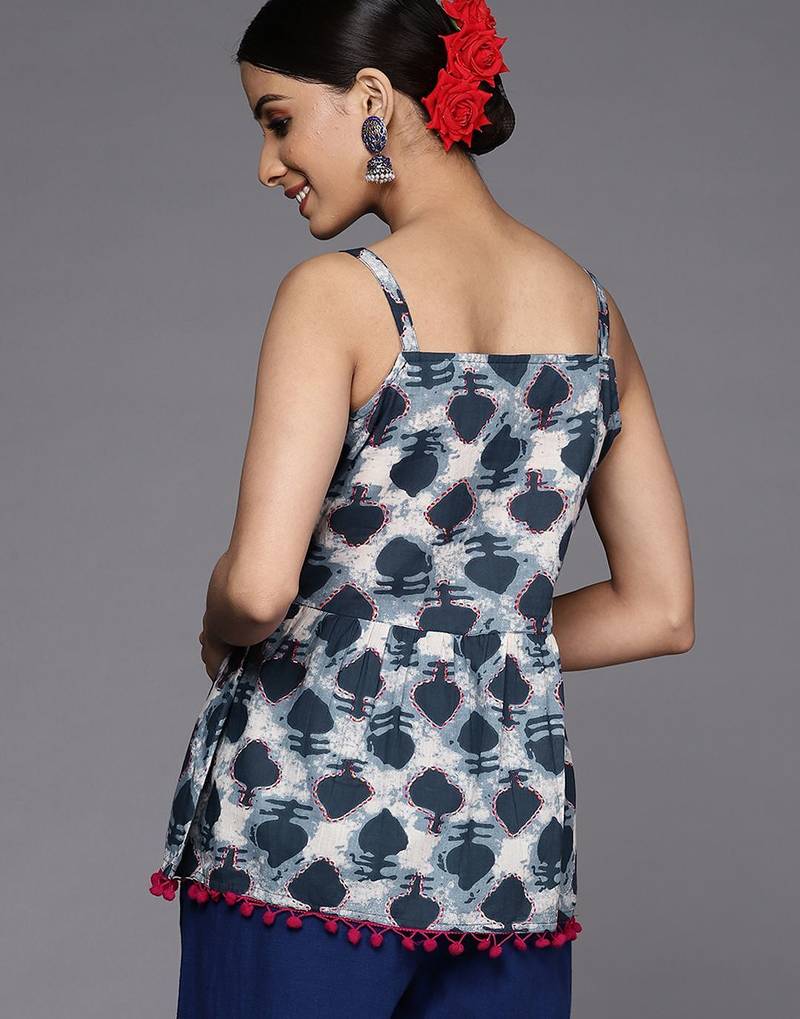 Navy Blue & White Printed A-Line Top