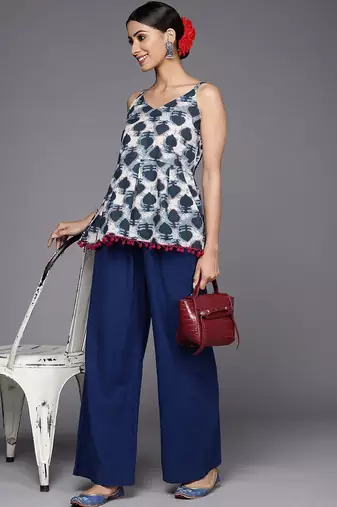 Navy Blue & White Printed A-Line Top
