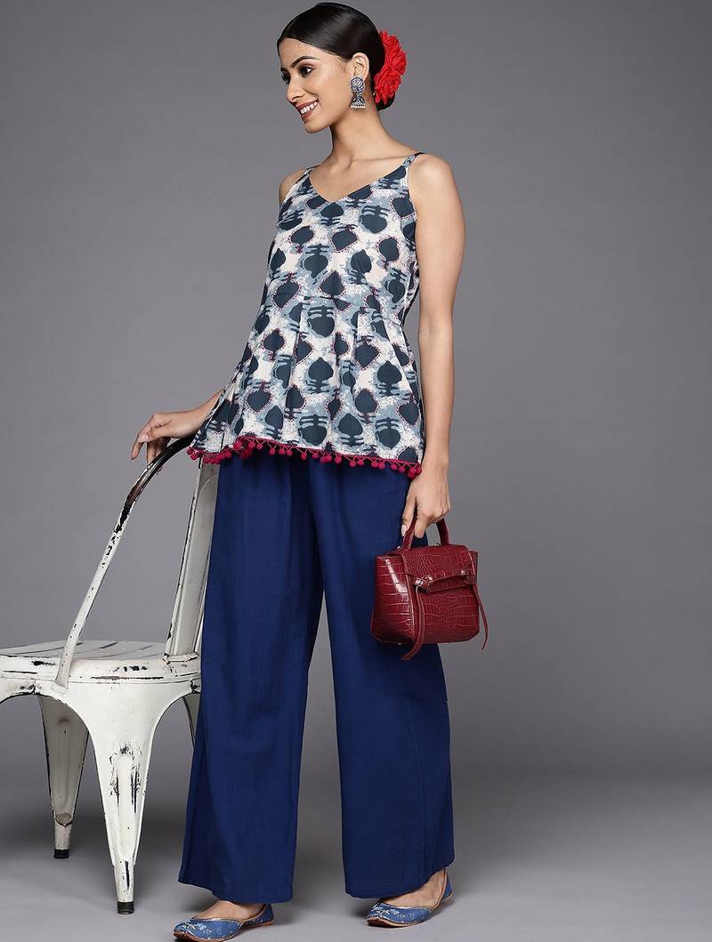 Navy Blue & White Printed A-Line Top