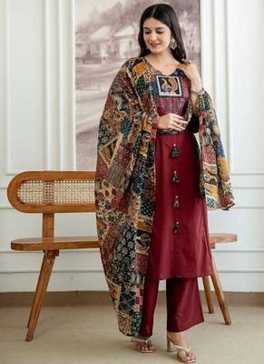 Maroon Printed Kurta Pant Set with Multicolor Printed Dupatta 1