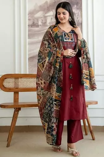 Maroon Printed Kurta Pant Set with Multicolor Printed Dupatta