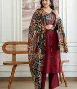 Maroon Printed Kurta Pant Set with Multicolor Printed Dupatta