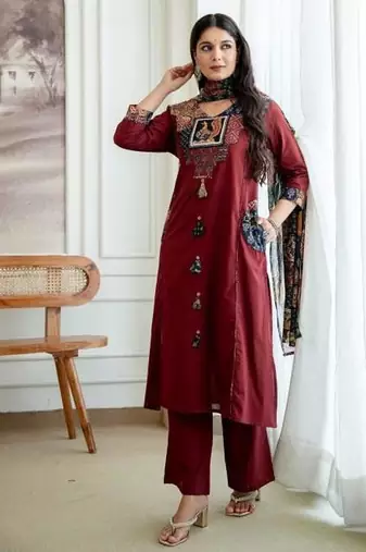 Maroon Printed Kurta Pant Set with Multicolor Printed Dupatta