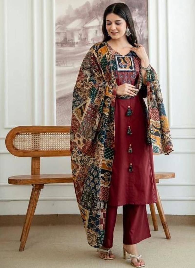 Maroon Printed Kurta Pant Set with Multicolor Printed Dupatta